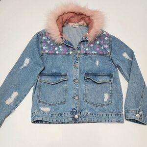 Zara Girls - Size 11/12 Sequin Fur Collar Distressed Jean Jacket